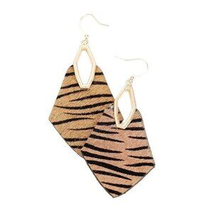 Women's Tiger Print Dangle Earrings Brown Leather Drop Earrings‎